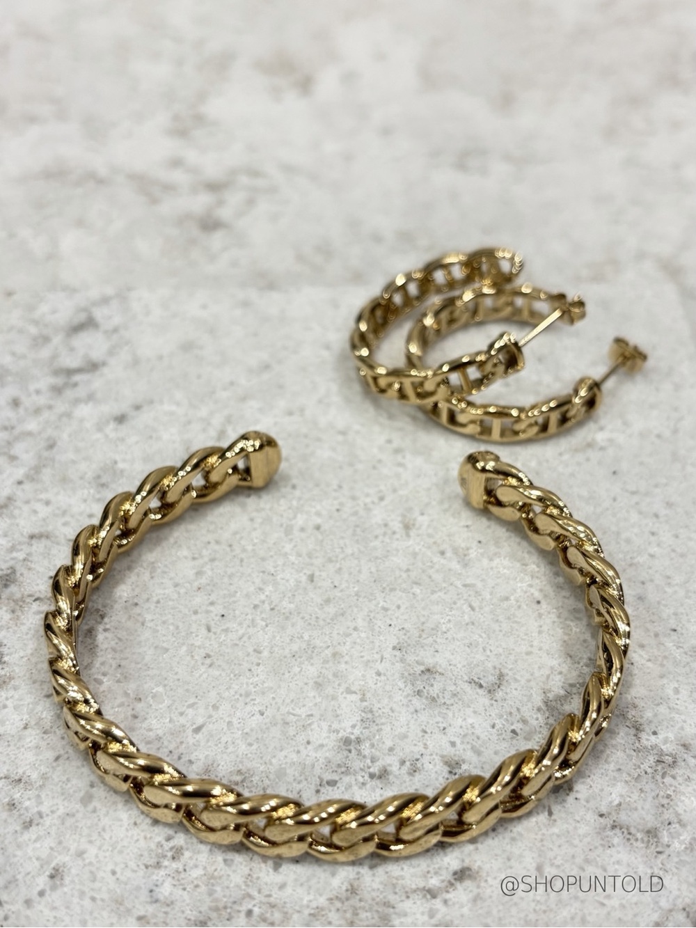 GOLD CHAIN LINK SET — CUFF + HOOPS — GOLD TONE